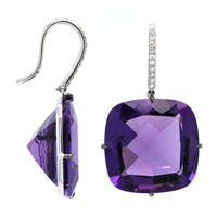 18k White Gold Cushion Amethyst Diamond Drop Earrings