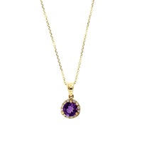 14K Yellow Gold Round Amethyst Diamond Halo Necklace