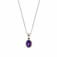 14K White Gold Oval Amethyst Diamond Halo Necklace