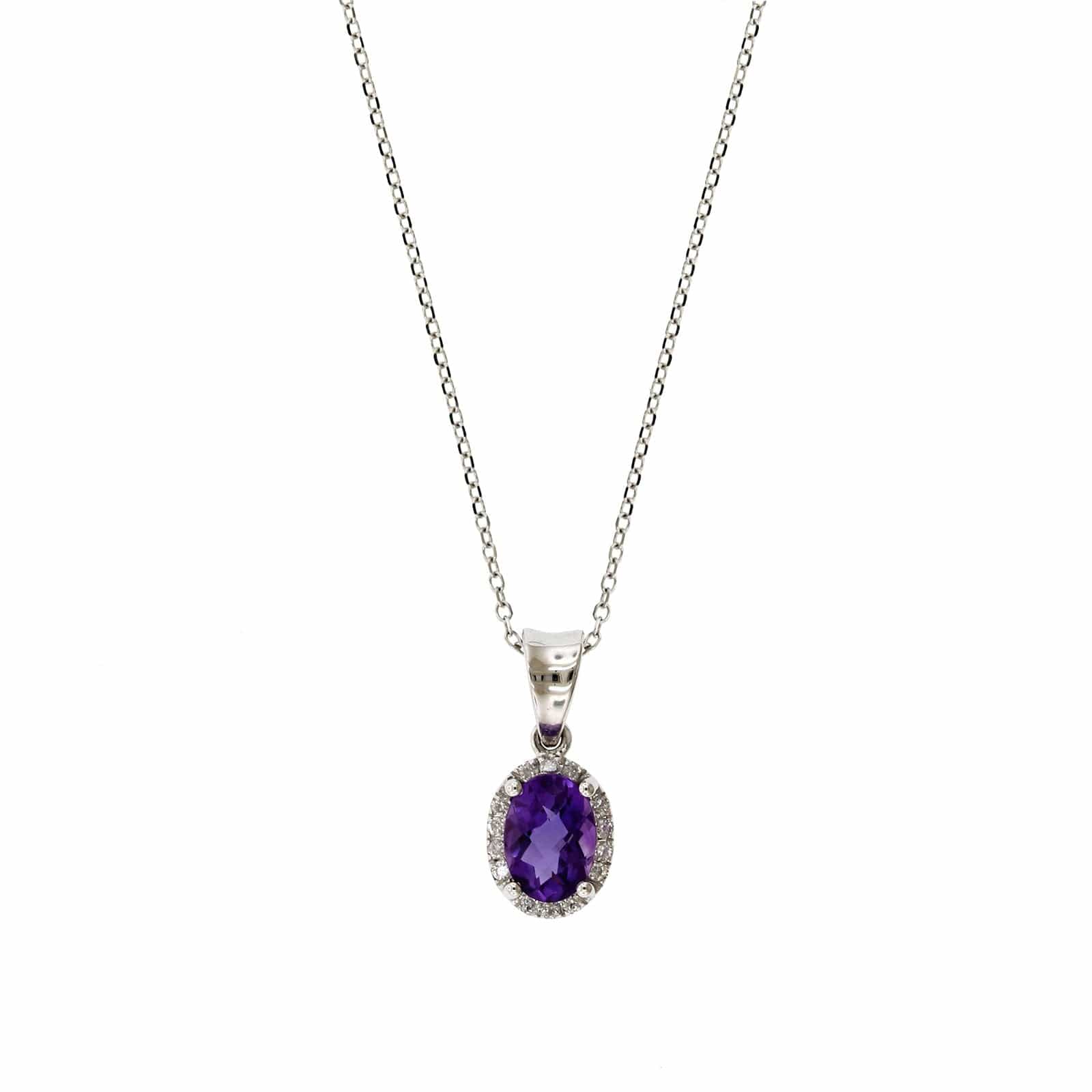 14K White Gold Oval Amethyst Diamond Halo Necklace