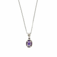 14K White Gold Oval Amethyst Diamond Halo Necklace
