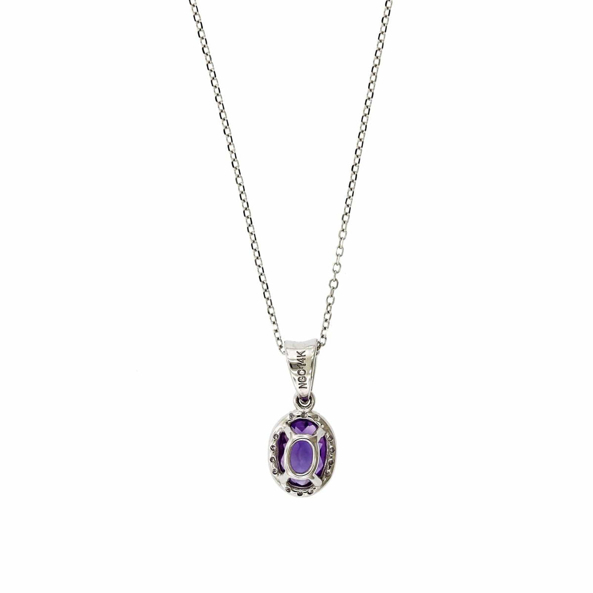 14K White Gold Oval Amethyst Diamond Halo Necklace