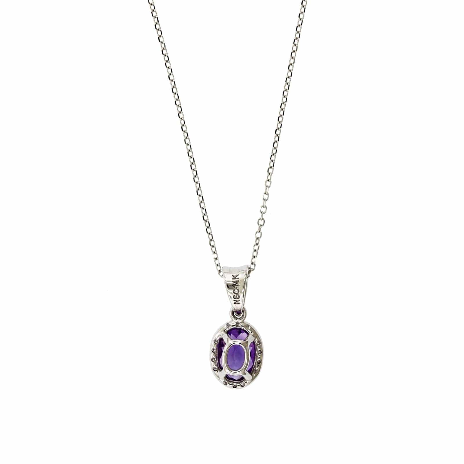 14K White Gold Oval Amethyst Diamond Halo Necklace