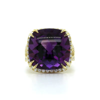18K Yellow Gold Cushion Cabochon Amethyst Diamond Halo Ring