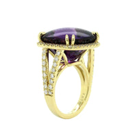 18K Yellow Gold Cushion Cabochon Amethyst Diamond Halo Ring
