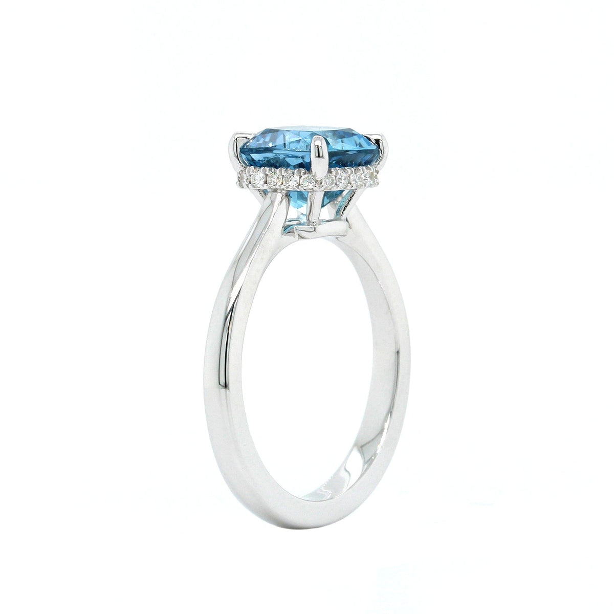18K White Gold Cushion Aquamarine Diamond Hidden Halo Ring