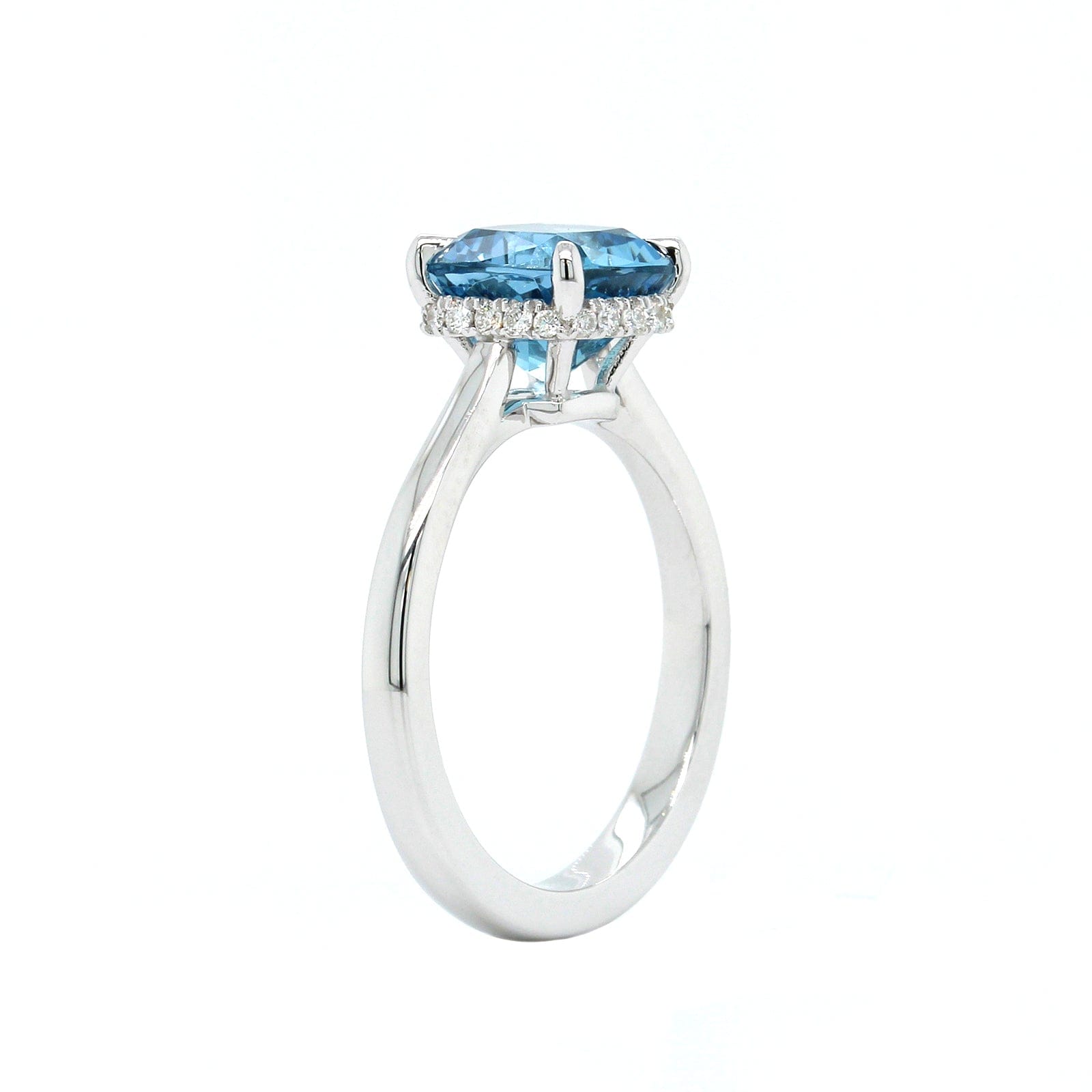 18K White Gold Cushion Aquamarine Diamond Hidden Halo Ring