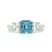 Platinum Asscher Cut Aquamarine 3 Stone Diamond Ring