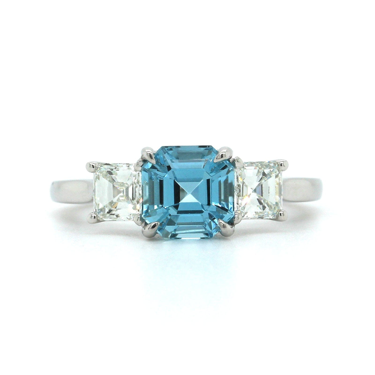 Platinum Asscher Cut Aquamarine 3 Stone Diamond Ring