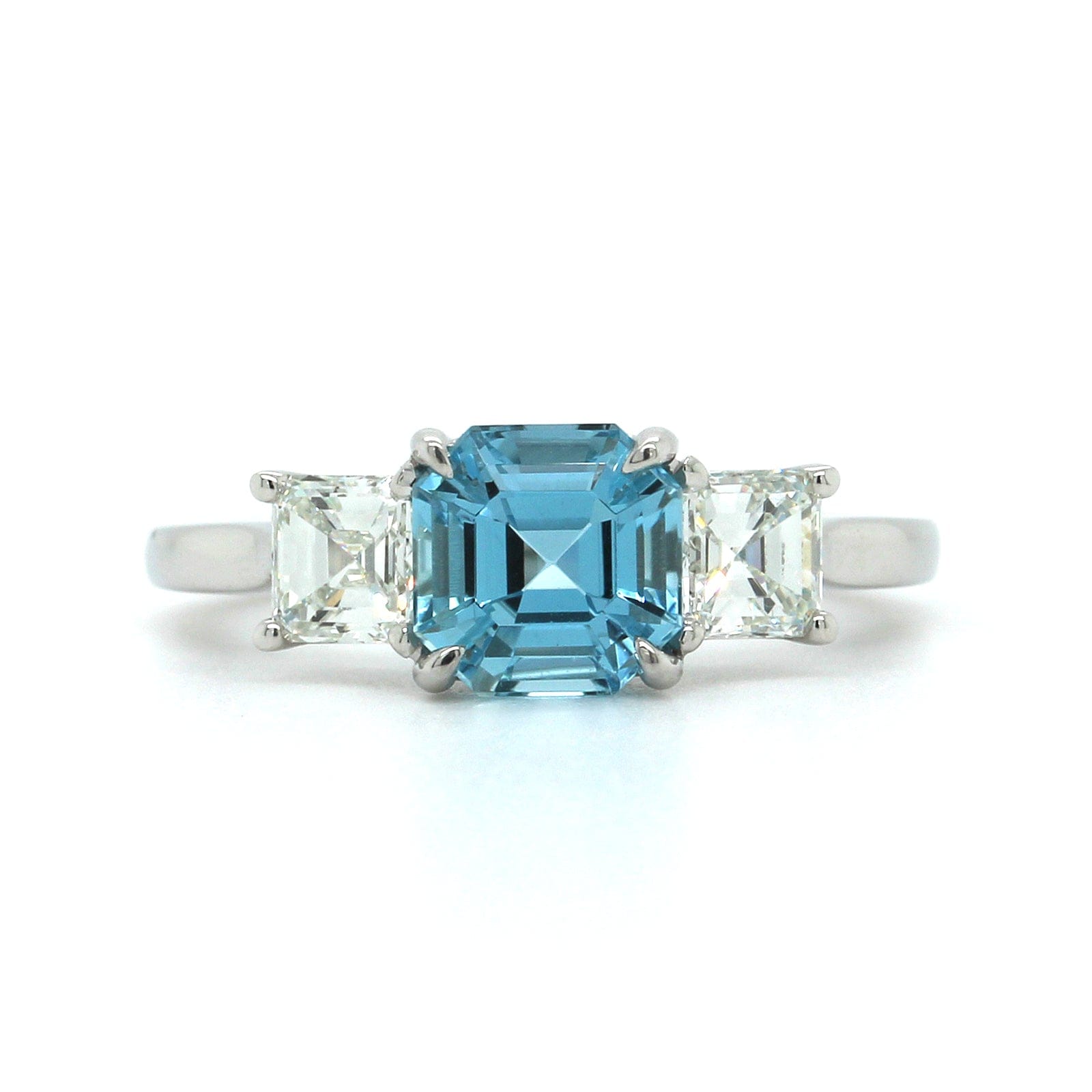 Platinum Asscher Cut Aquamarine 3 Stone Diamond Ring