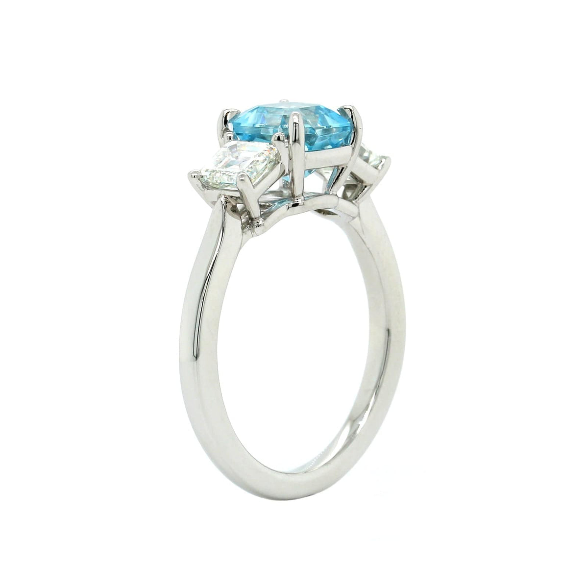 Platinum Asscher Cut Aquamarine 3 Stone Diamond Ring