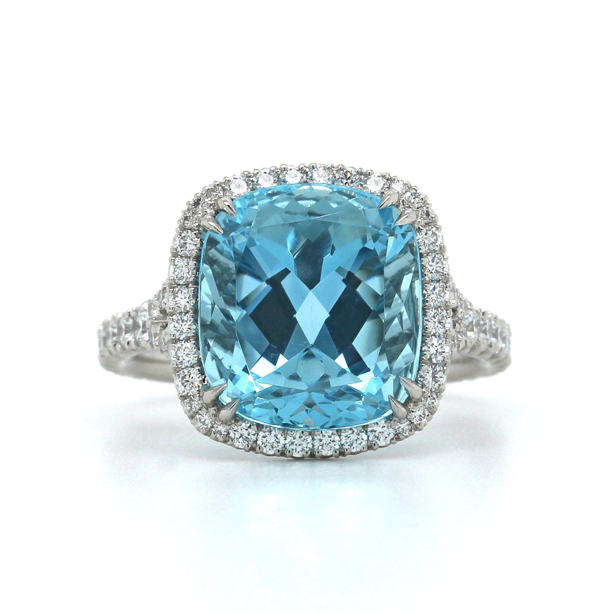 Platinum Cushion Aquamarine Diamond Halo Ring, Platinum, Long's Jewelers