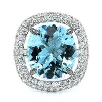 18K White Gold Cushion Aquamarine Diamond Halo Ring, 18k white gold, Long's Jewelers