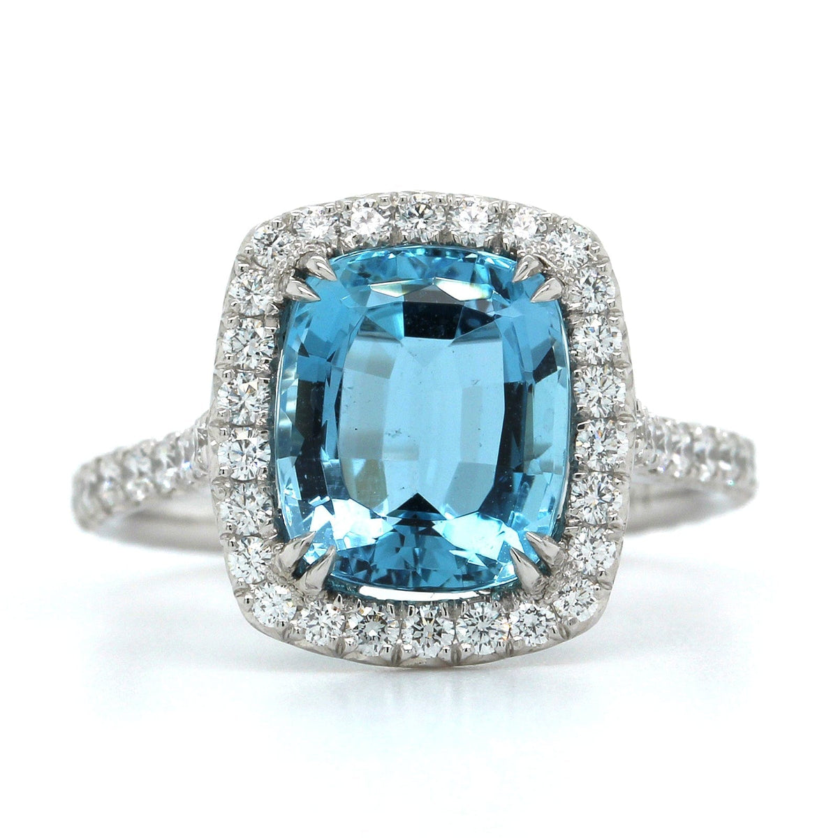 Platinum Cushion Aquamarine Diamond Halo Ring, Platinum Long's Jewelry