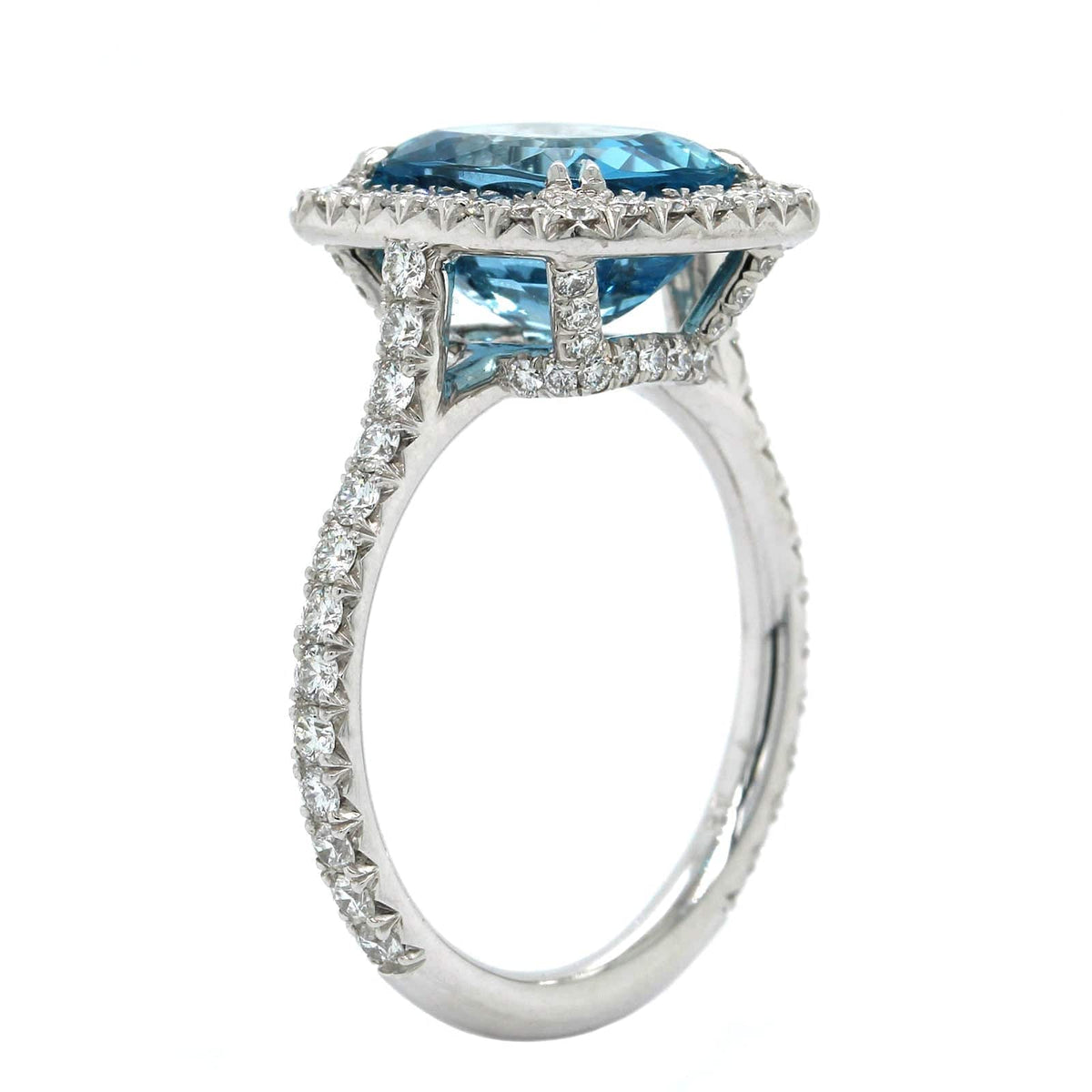 Platinum Cushion Aquamarine Diamond Halo Ring, Platinum Long's Jewelry