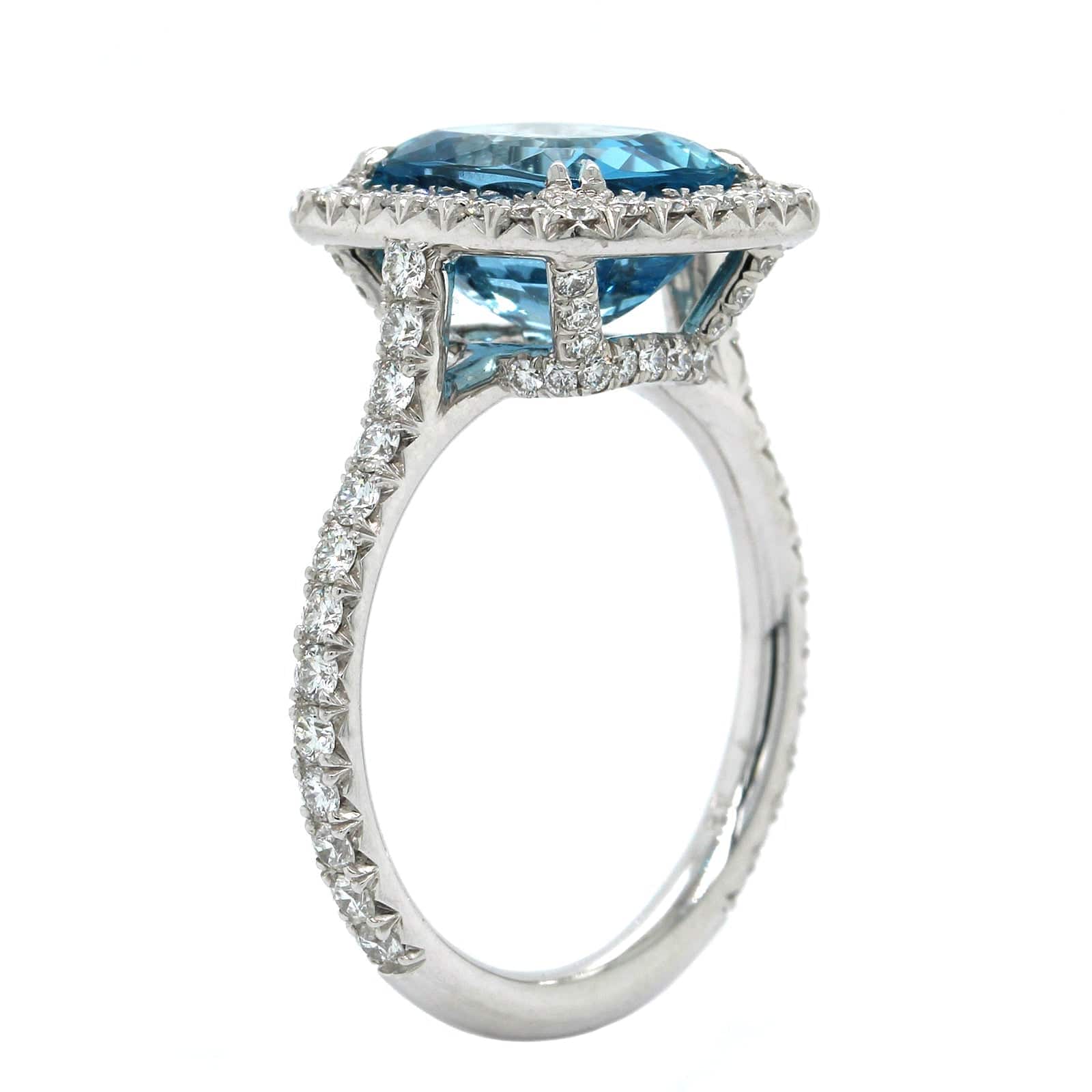 Platinum Cushion Aquamarine Diamond Halo Ring, Platinum Long's Jewelry