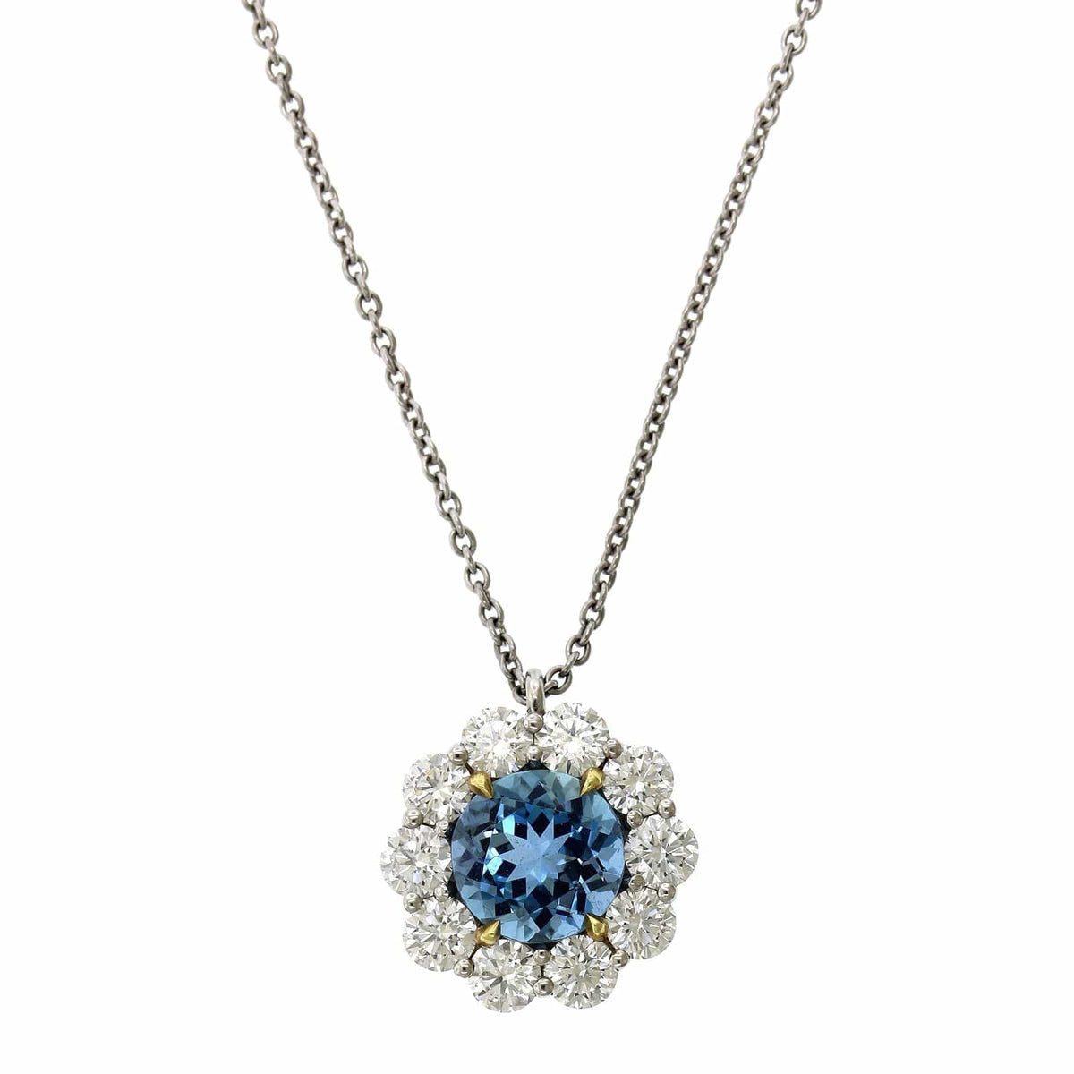 Platinum Aquamarine Diamond Halo Pendant, Platinum and 18k yellow gold Long's Jewelry