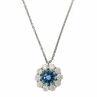 Platinum Aquamarine Diamond Halo Pendant, Platinum and 18k yellow gold Long's Jewelry