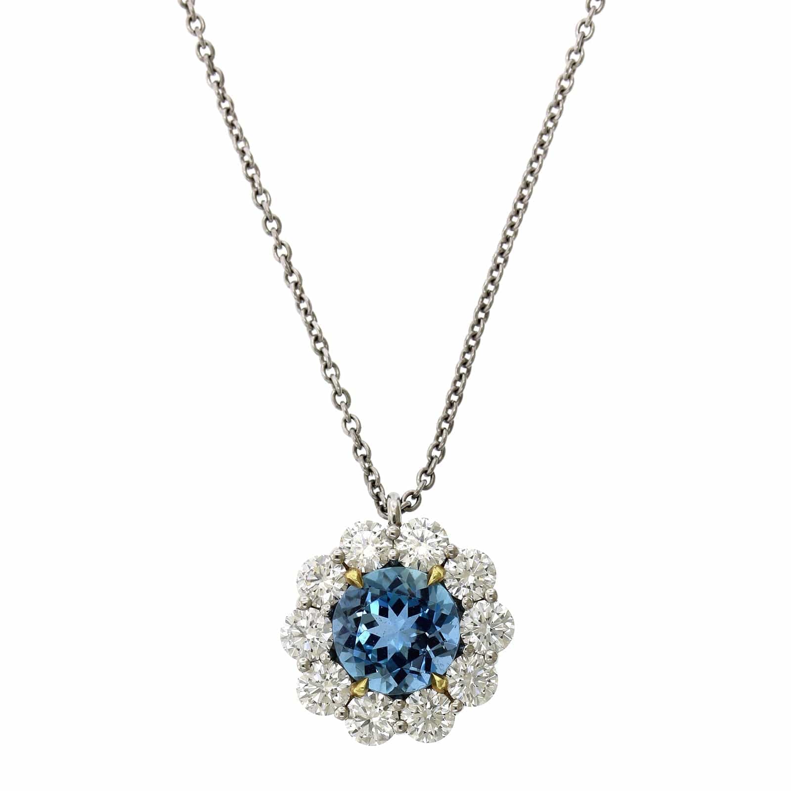Platinum Aquamarine Diamond Halo Pendant, Platinum and 18k yellow gold Long's Jewelry