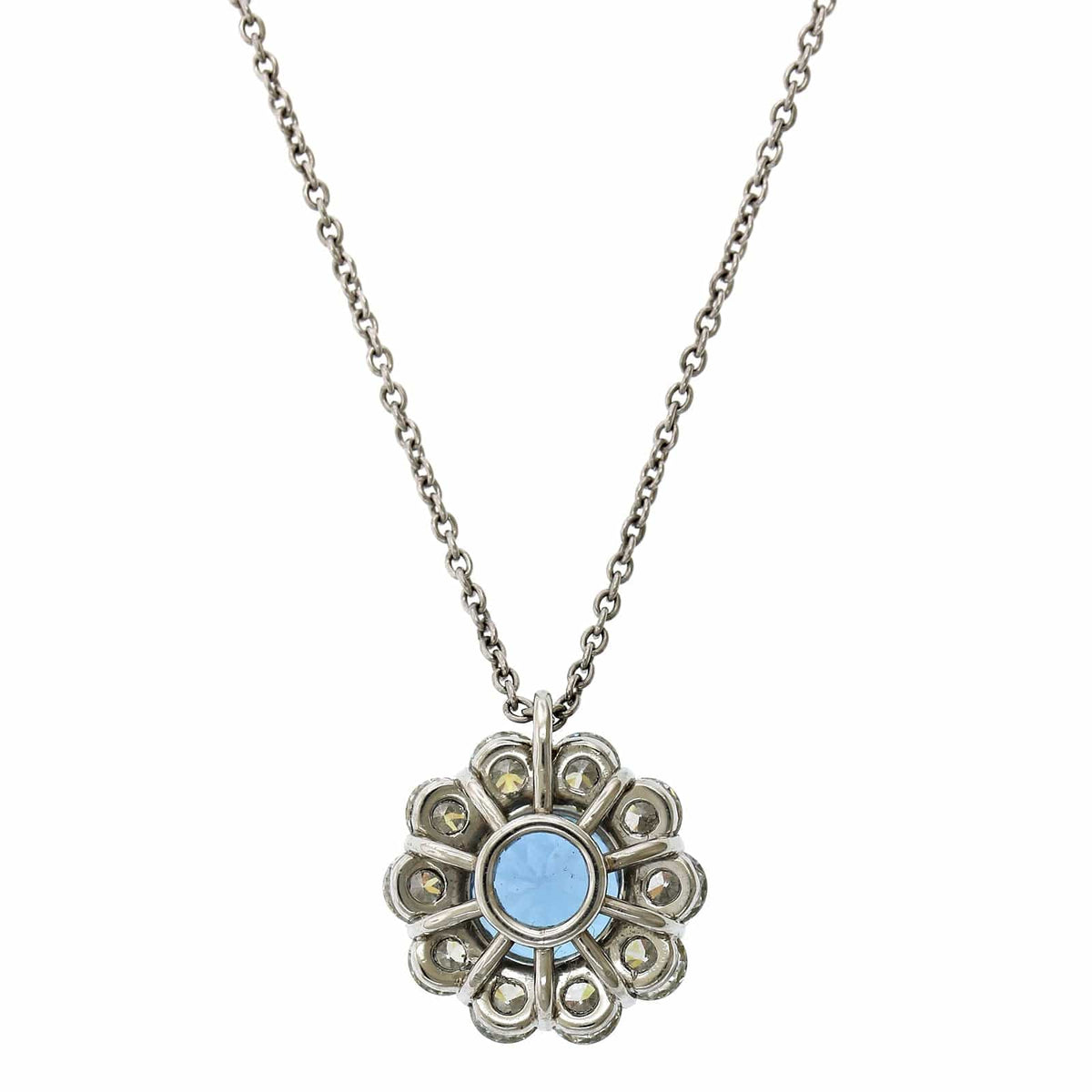 Platinum Aquamarine Diamond Halo Pendant, Platinum and 18k yellow gold Long's Jewelry