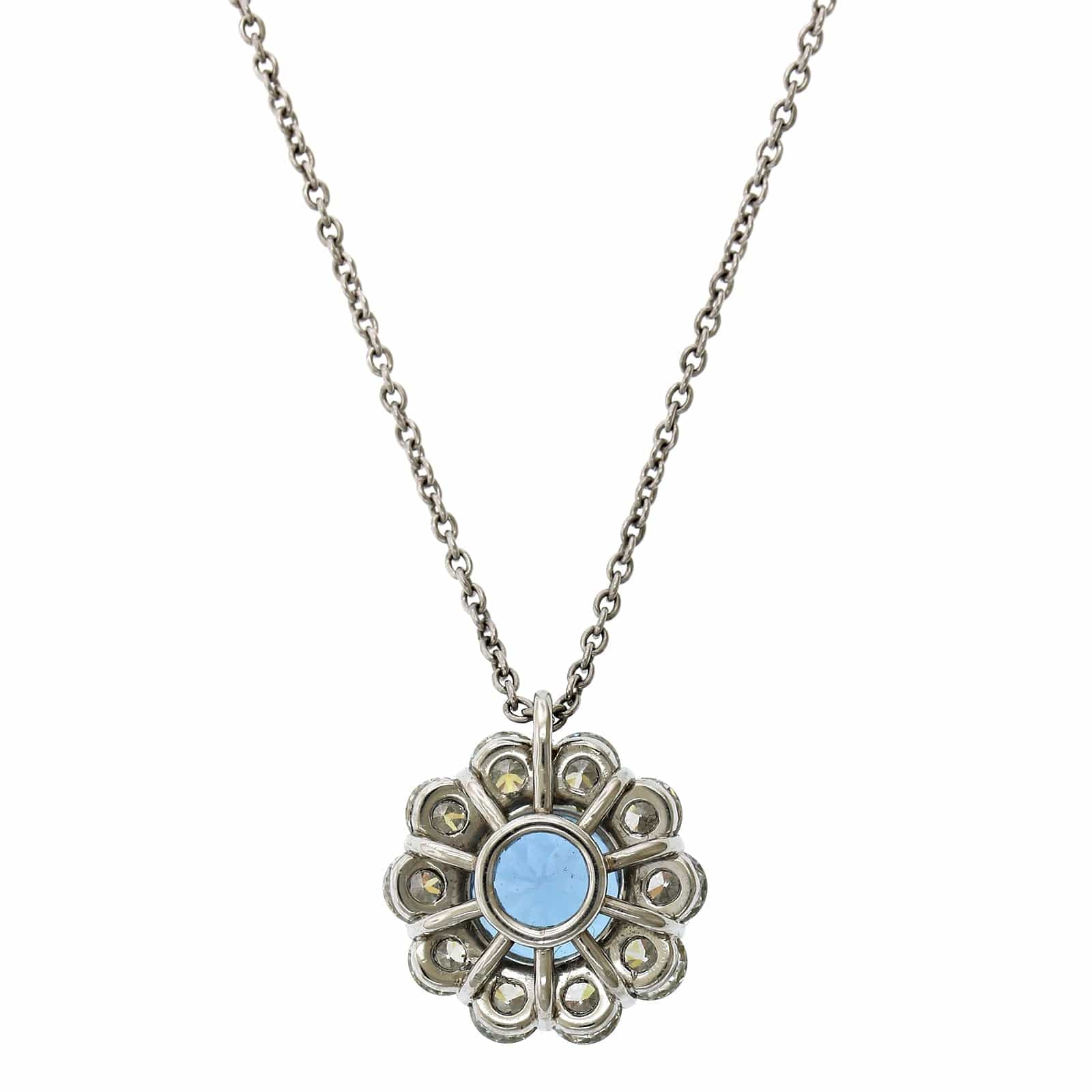 Platinum Aquamarine Diamond Halo Pendant, Platinum and 18k yellow gold Long's Jewelry