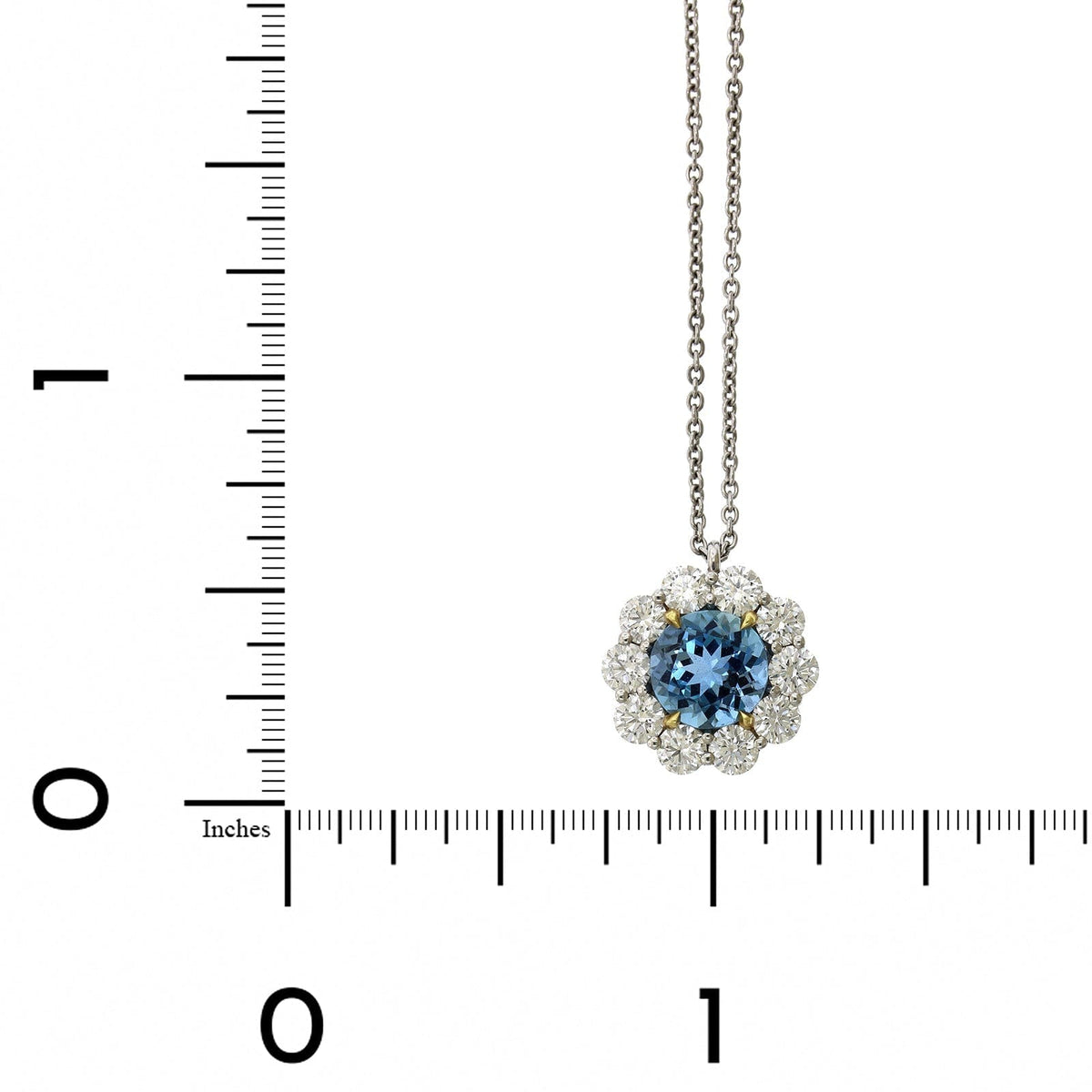 Platinum Aquamarine Diamond Halo Pendant, Platinum and 18k yellow gold Long's Jewelry