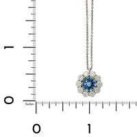 Platinum Aquamarine Diamond Halo Pendant, Platinum and 18k yellow gold Long's Jewelry