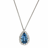 18K White Gold Pear Shape Aquamarine Diamond Halo Pendant