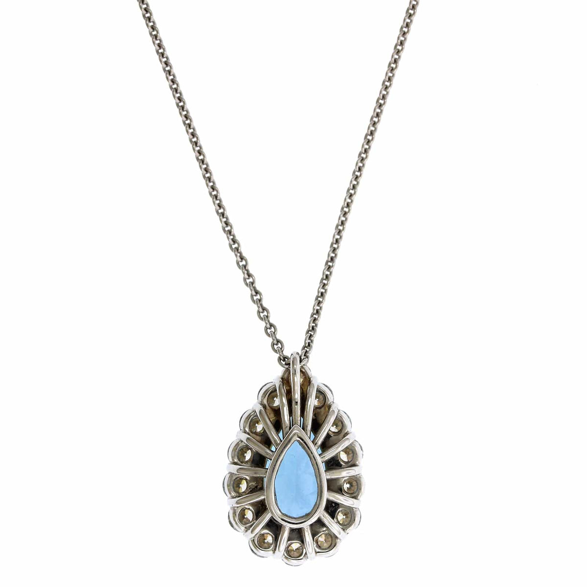 18K White Gold Pear Shape Aquamarine Diamond Halo Pendant