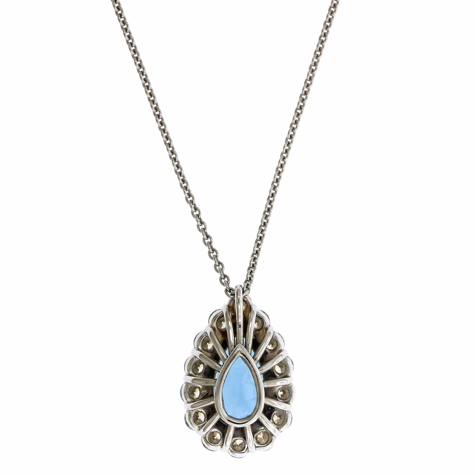 18K White Gold Pear Shape Aquamarine Diamond Halo Pendant