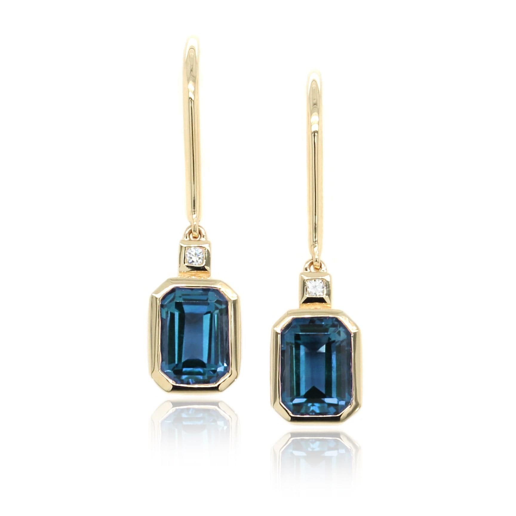 14K Yellow Gold Emerald Cut London Blue Topaz Earrings