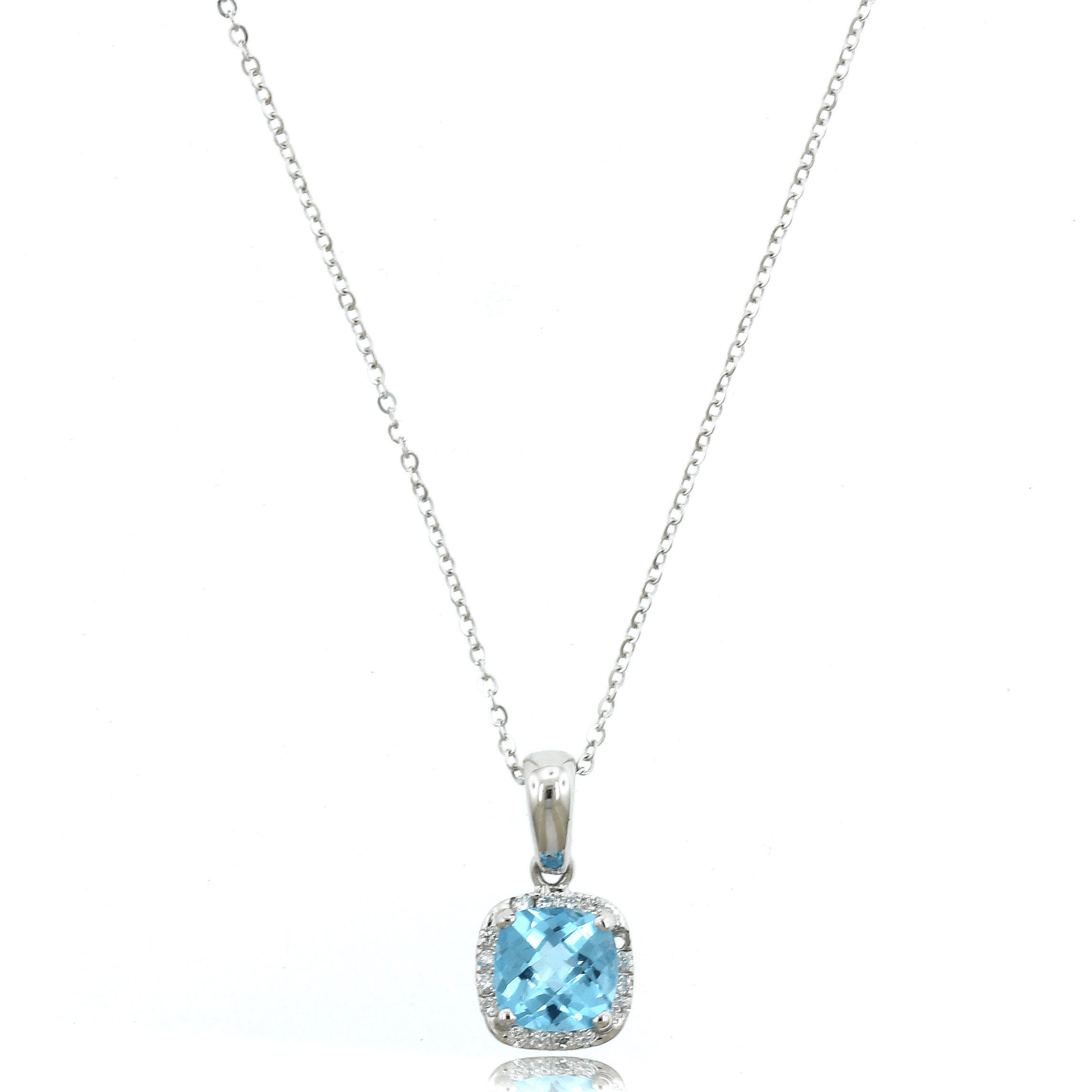 14K White Gold Cushion Blue Topaz Diamond Halo Necklace
