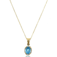 14K Yellow Gold Oval Blue Topaz Diamond Halo Necklace