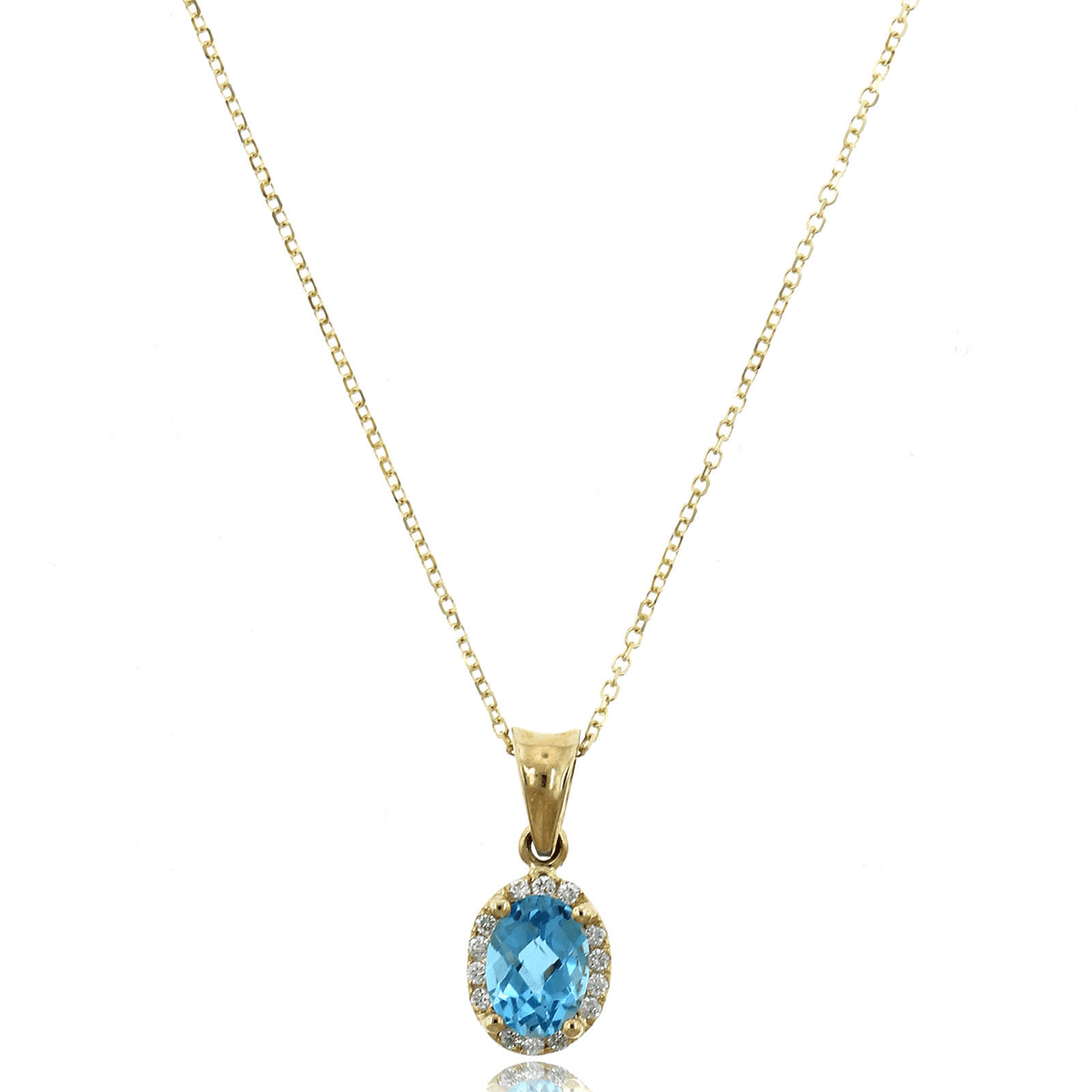 14K Yellow Gold Oval Blue Topaz Diamond Halo Necklace