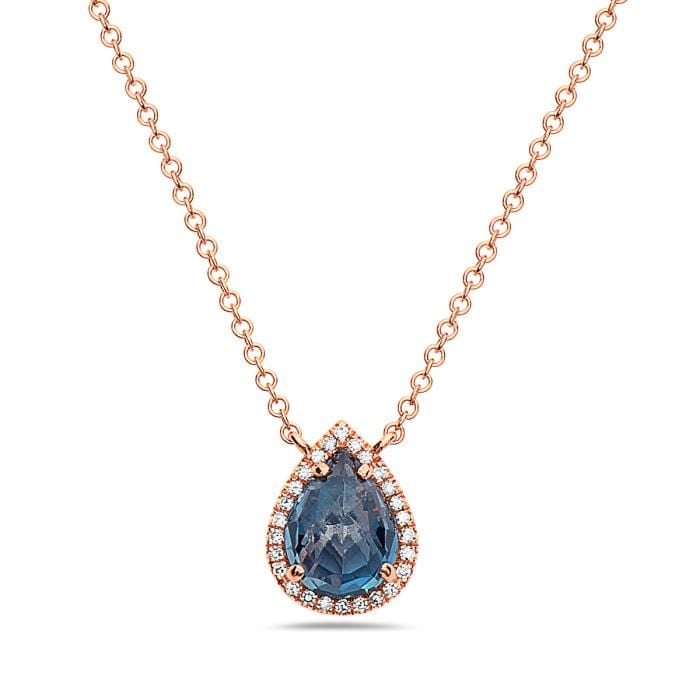 14K Rose Gold Blue Topaz Diamond Halo Necklace