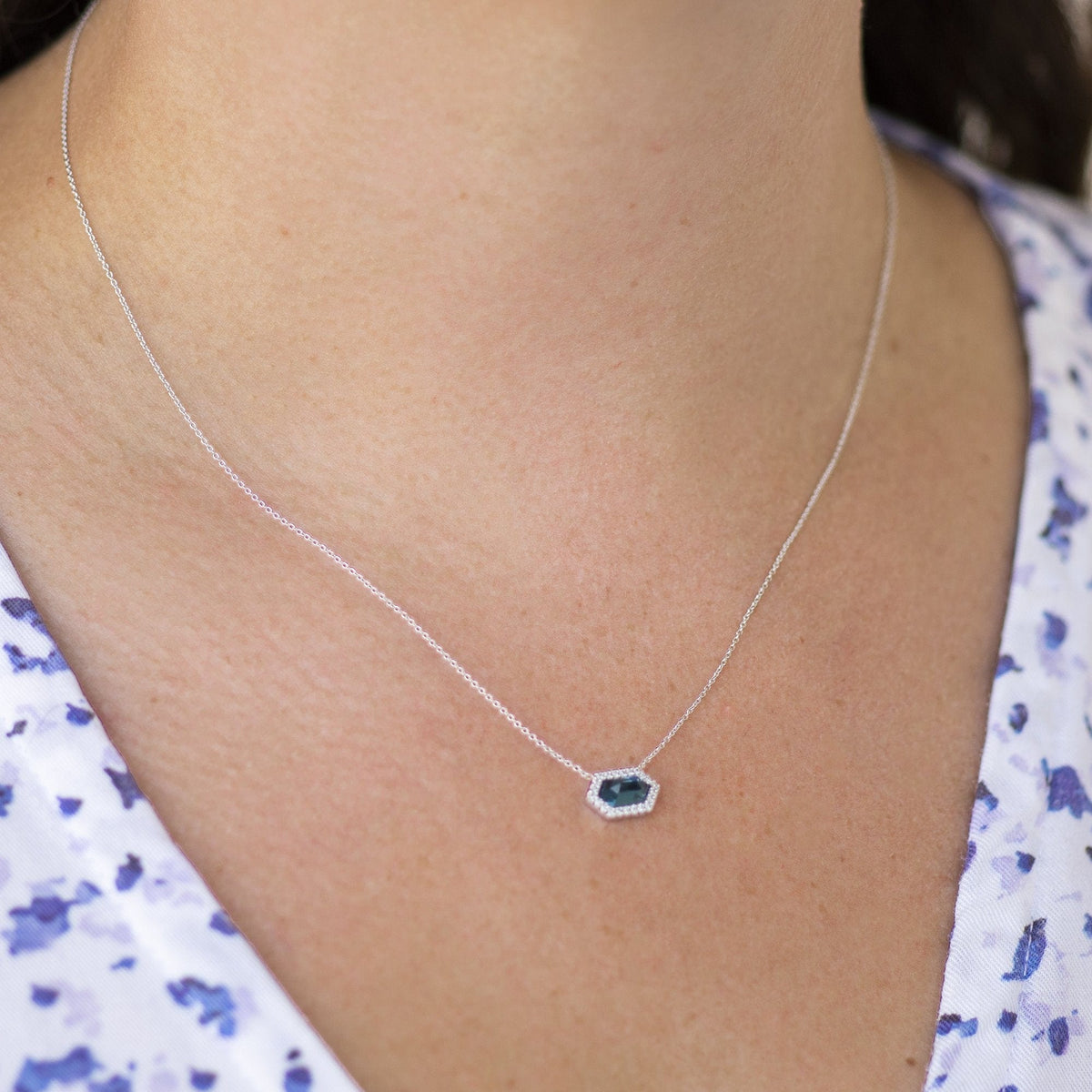 14K White Gold Blue Topaz Diamond Necklace