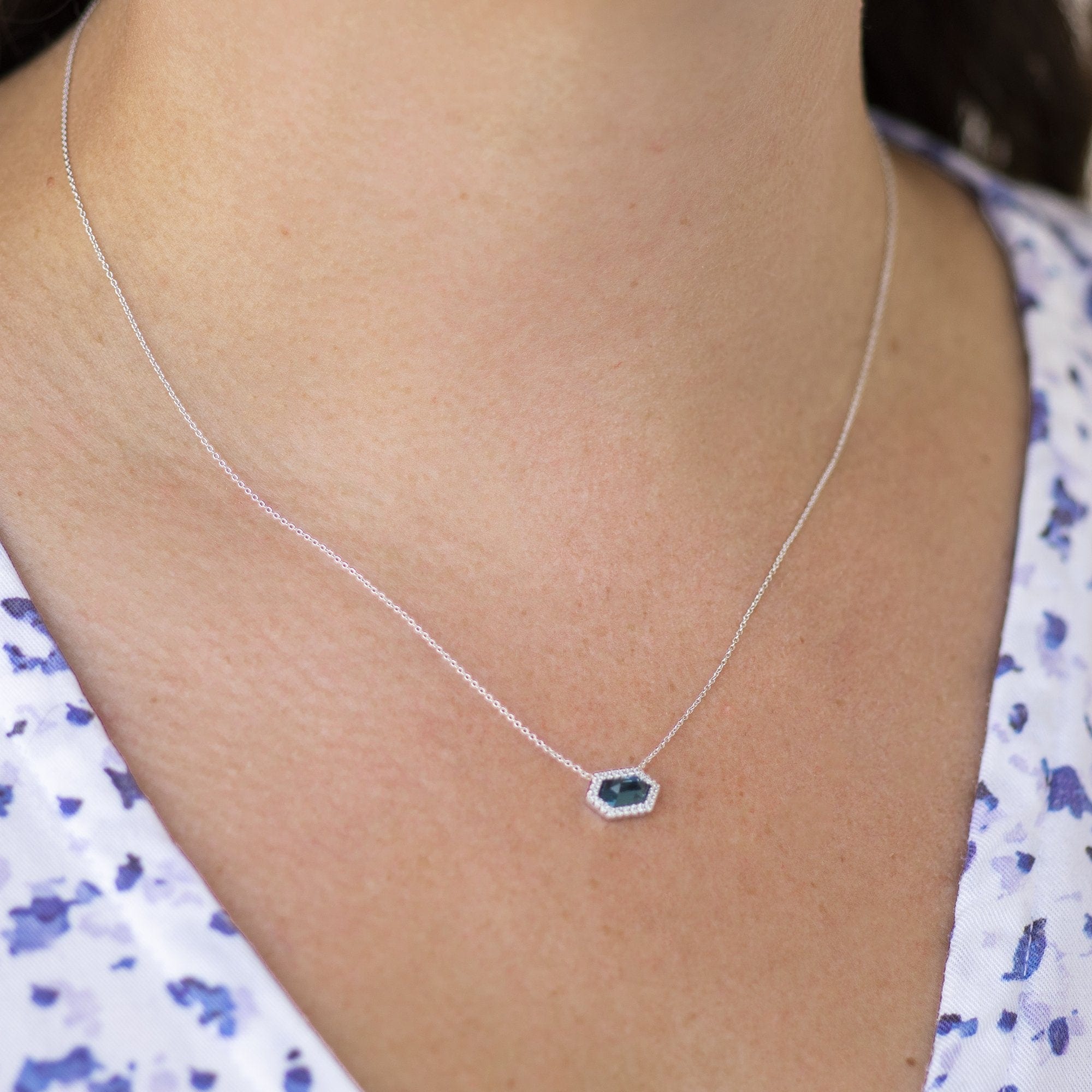 14K White Gold Blue Topaz Diamond Necklace