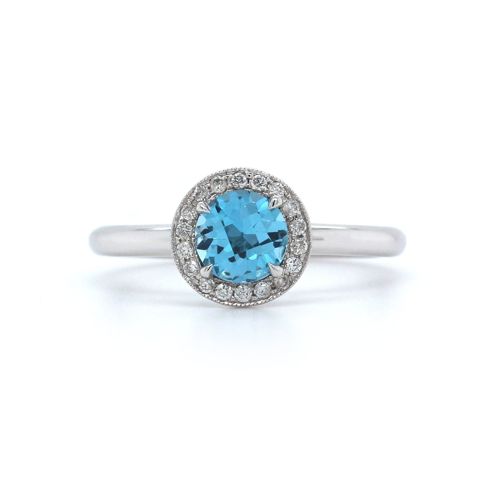 14K White Gold Blue Topaz with Diamond Halo Ring