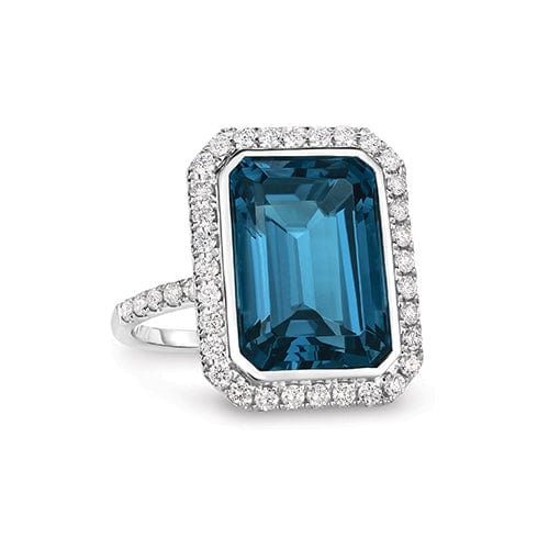 18K White Gold Blue Topaz Diamond Halo Ring, 18k white gold, Long's Jewelers