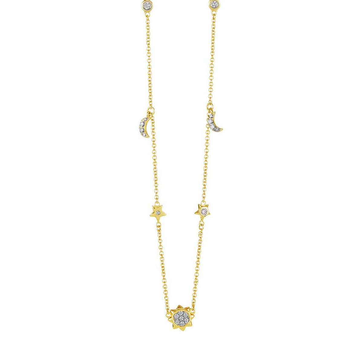 18K Yellow Gold Moon and Star Diamond Necklace