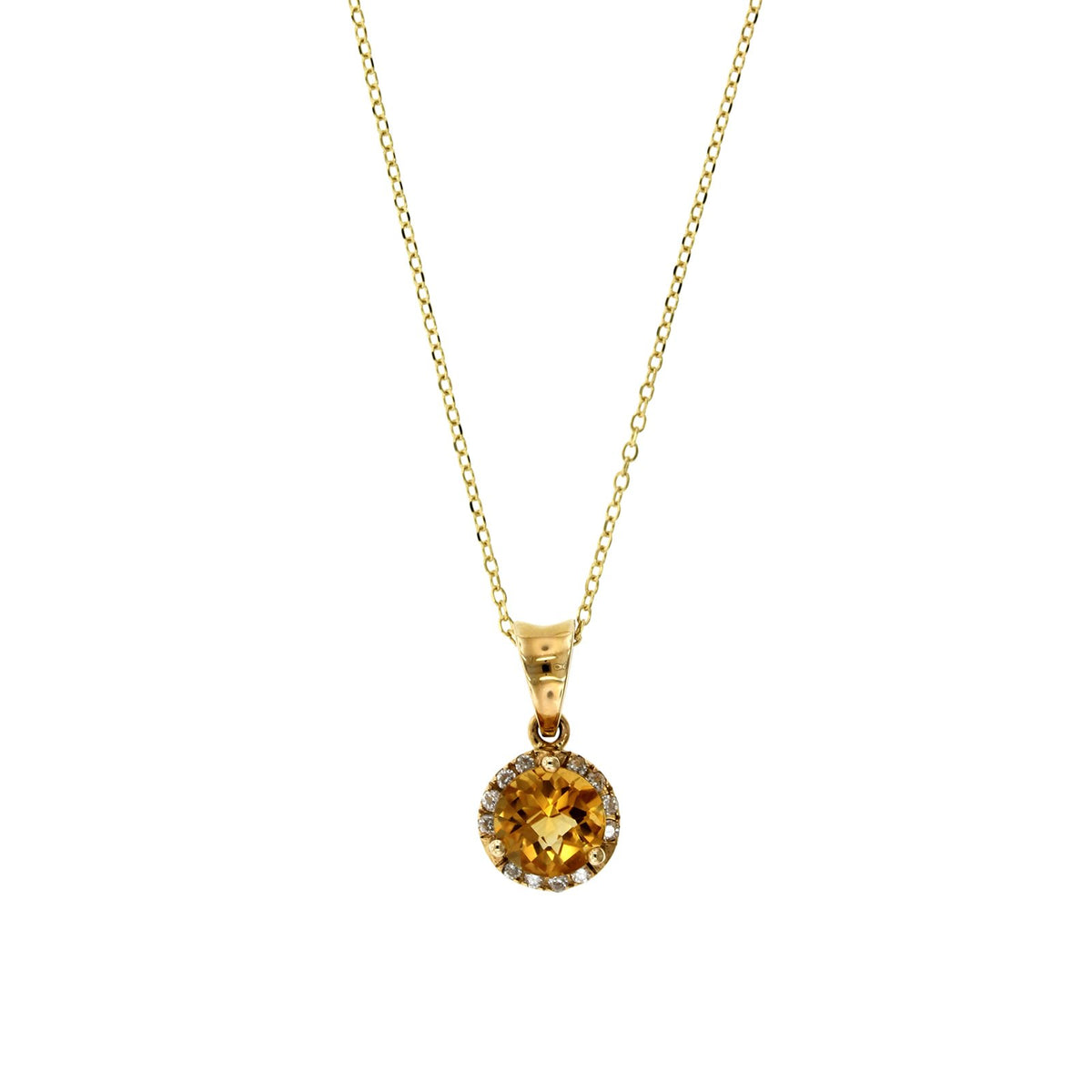 14K Yellow Gold Round Citrine Diamond Halo Necklace