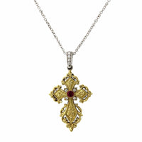 18K Two-Tone Reversible Diamond Ruby Cross Necklace, 18k yellow and white gold, Long's Jewelers