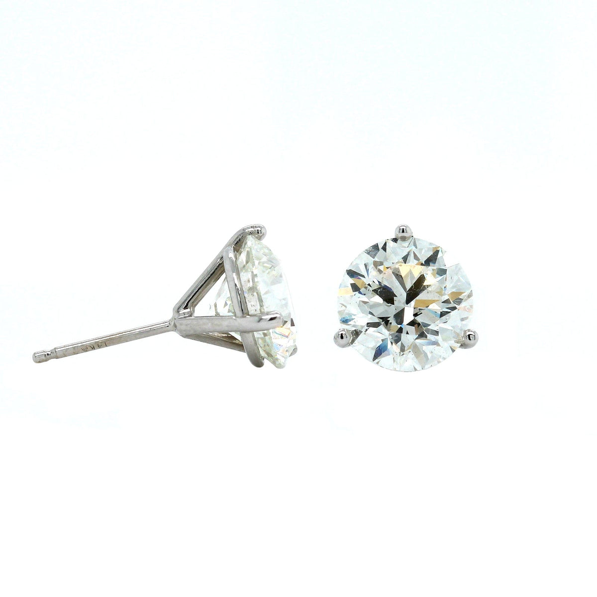 14K White Gold 3 Prong Diamond Stud Earrings