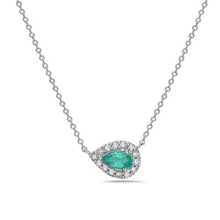 14K White Gold Emerald Diamond Halo Necklace