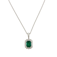 18K White Gold Emerald and Diamond Halo Necklace