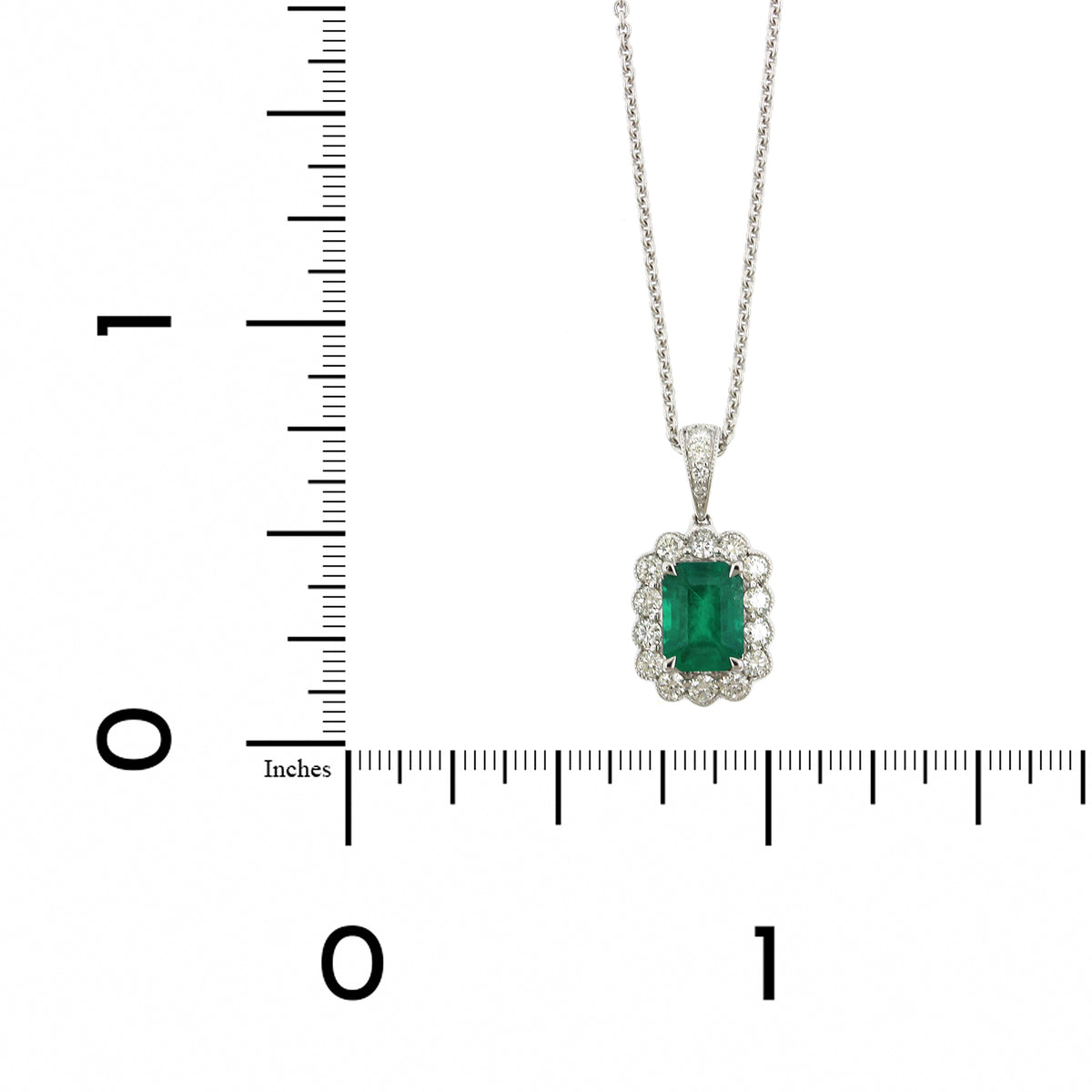 18K White Gold Emerald and Diamond Halo Necklace