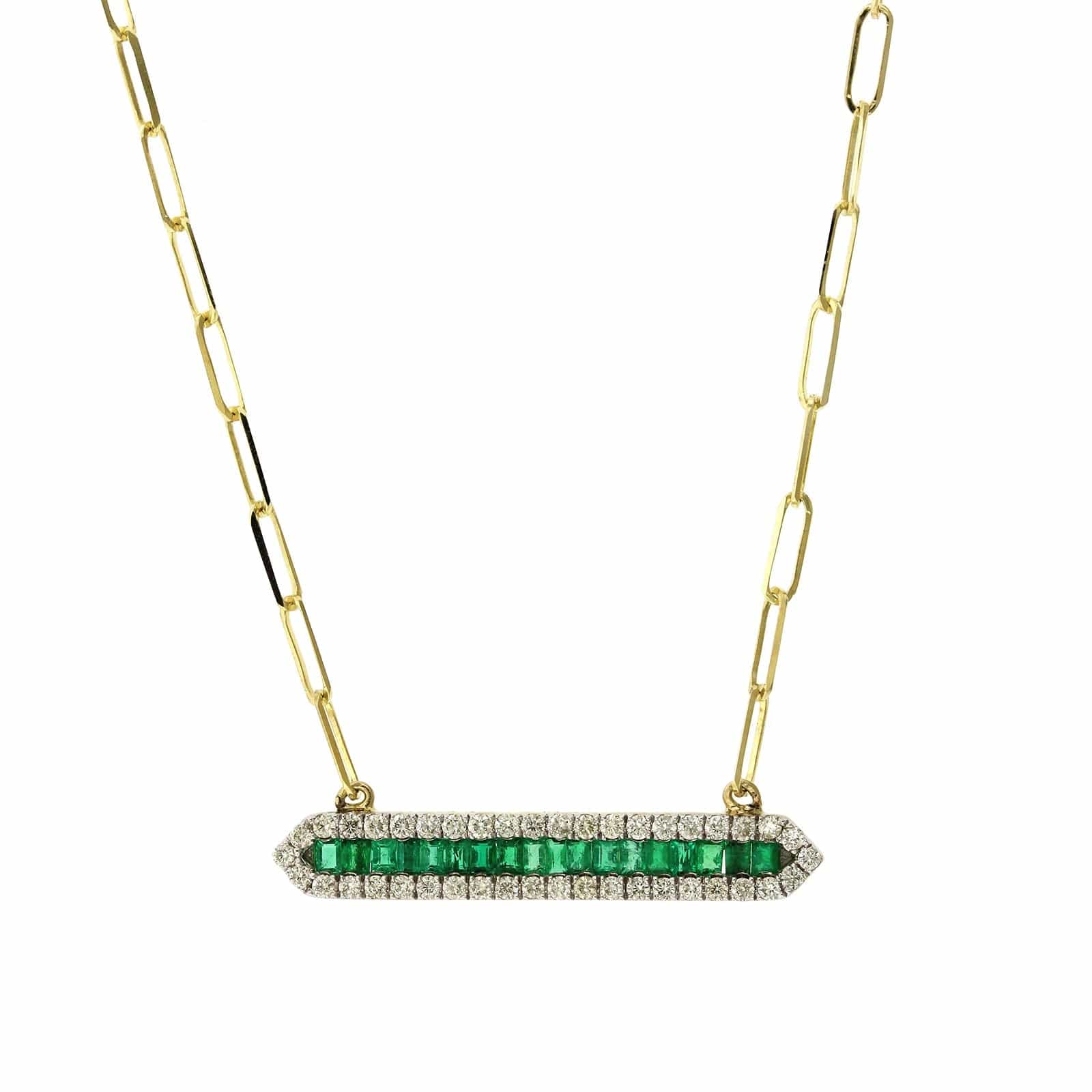 14K Yellow Gold Emerald and Diamond Bar Necklace, 14k yellow gold, Long's Jewelers