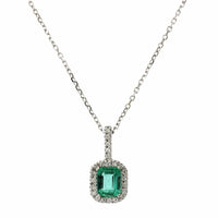 14K White Gold Emerald Cut Emerald Diamond Halo Pendant