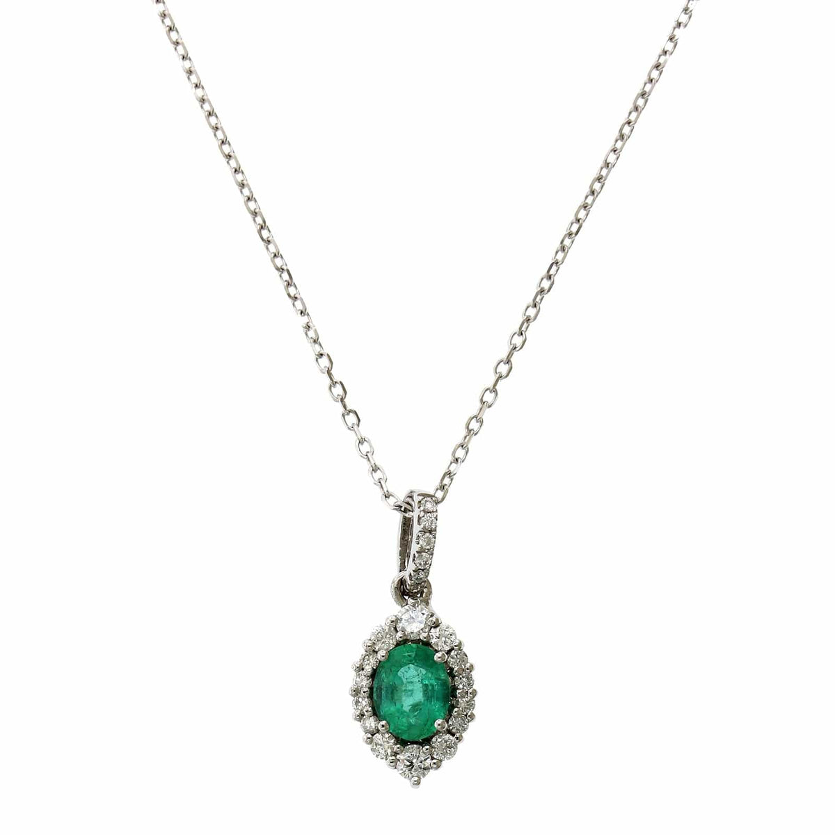 14K Yellow Gold Oval Cut Emerald Diamond Halo Pendant