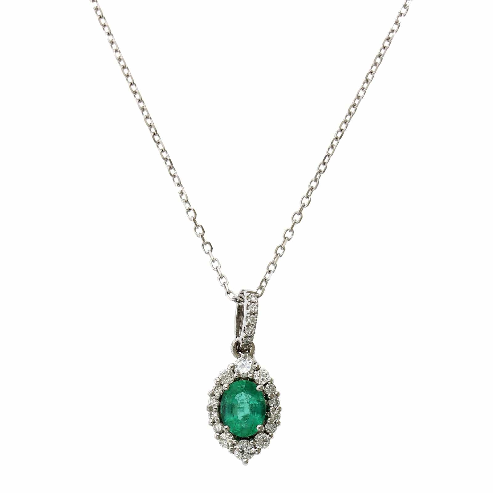 14K Yellow Gold Oval Cut Emerald Diamond Halo Pendant